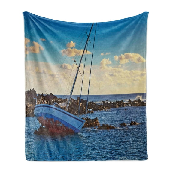 Shipwreck Soft Flannel Fleece Throw Blanket, Yacht in the Sea Surrounded by Ledge Rocks Coastal Incident Shroud Crash Scene, Cozy Plush for Indoor and Outdoor Use, 50" x 60", Blue Brown, by Ambesonne