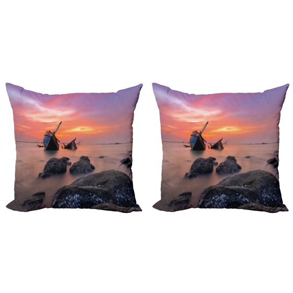 Ambesonne Nautical Throw Pillow Cover 2 Pack, Foggy Water Sunset, 16", Orange Grey