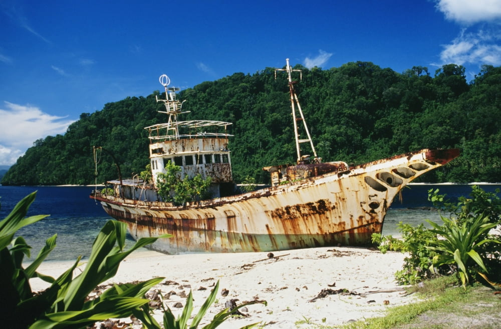 Shipwrecked fishing boat on beach Papua New Guinea Canvas Art - Peter Stone Design Pics (19 x 12)
