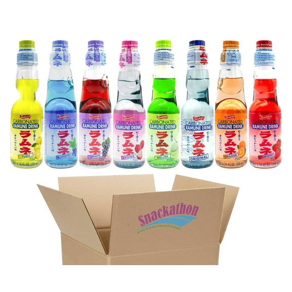 Shirakiku Ramune Japanese Soda Variety Pack, 8 Flavors (Original, Strawberry, Blueberry, Melon, Lychee, Orange, Grape, Yuzu), 6.76 Fluid Ounce Each, 8 Bottles Total