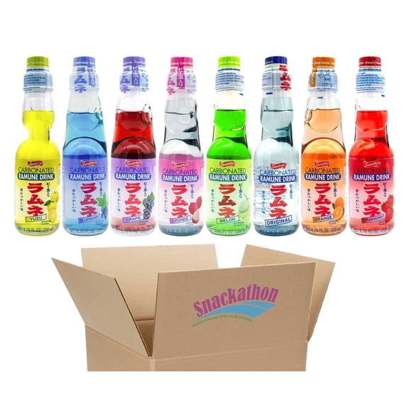 Shirakiku Ramune Japanese Soda Variety Pack, 8 Flavors (Original, Strawberry, Blueberry, Melon, Lychee, Orange, Grape, Yuzu), 6.76 Fluid Ounce Each, 8 Bottles Total