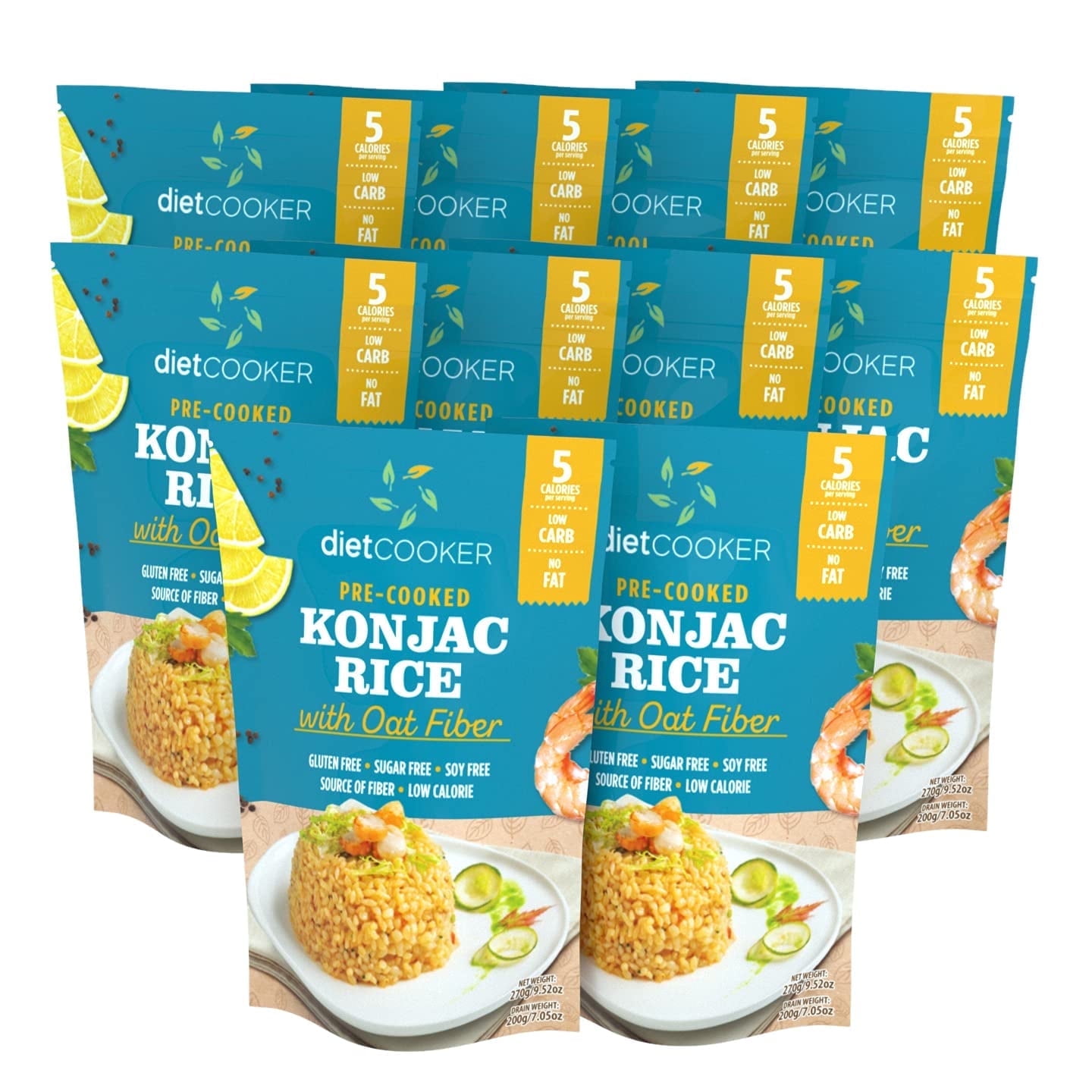 Shirataki Rice, DIET COOKER Konjac Rice 10 Pack Inside, Keto & Vegan Friendly, 9.52 oz, Odor Free, Low Calorie, Zero Net Carbs, Slim Rice Healthy Diet Food with Oat Fiber