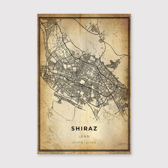 Shiraz City Map Art Print: Modern Vintage Wall Decorfor Living Room Bedroom Office Farmhouse Neutral Home Artwork Ready to Hang 8x12 inch