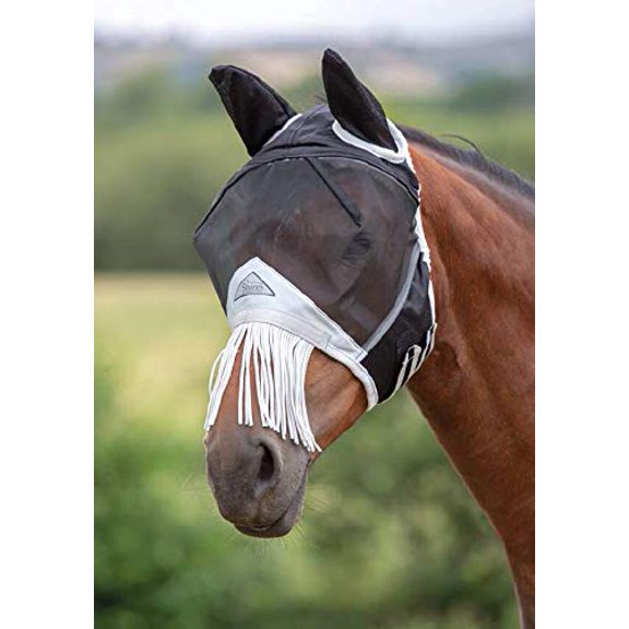 Shires Fine Mesh Fly Mask with Ears and Fringe Black XSmall Pony