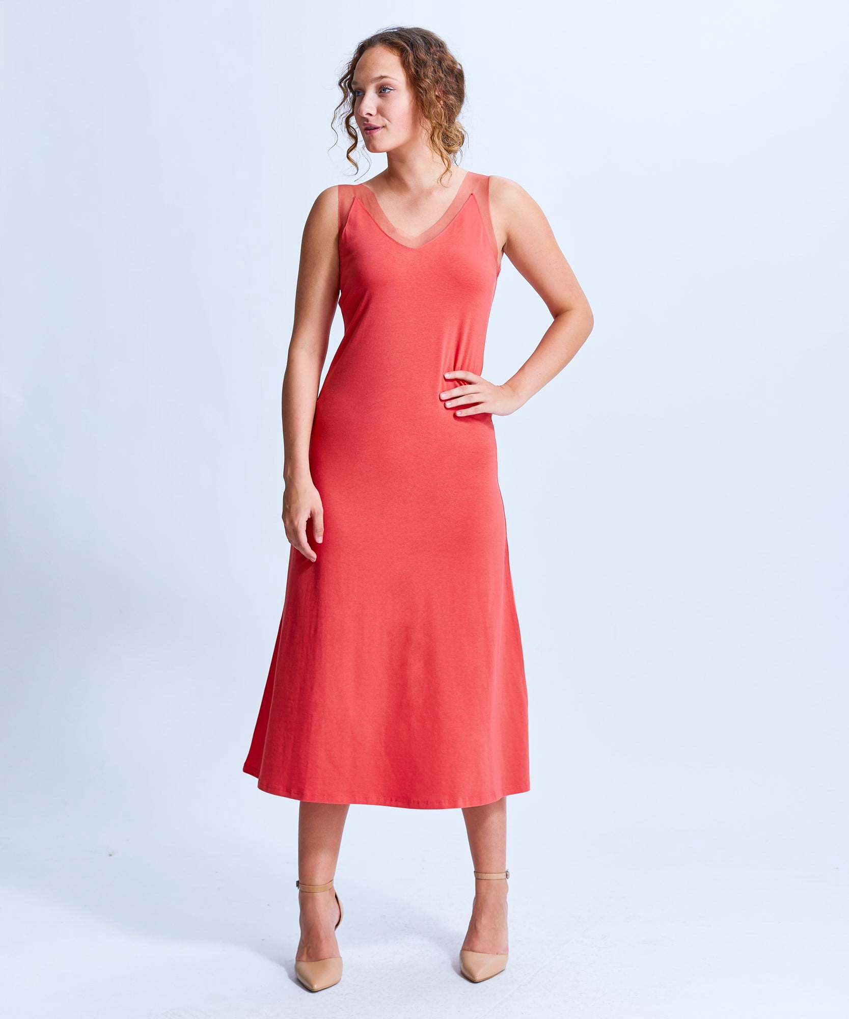 Shirin Mesh V neck Maxi A Line Dress