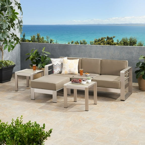 Shirley Outdoor 3 Seater Aluminum Sofa and Ottoman Set with Side Tables, Silver and Khaki
