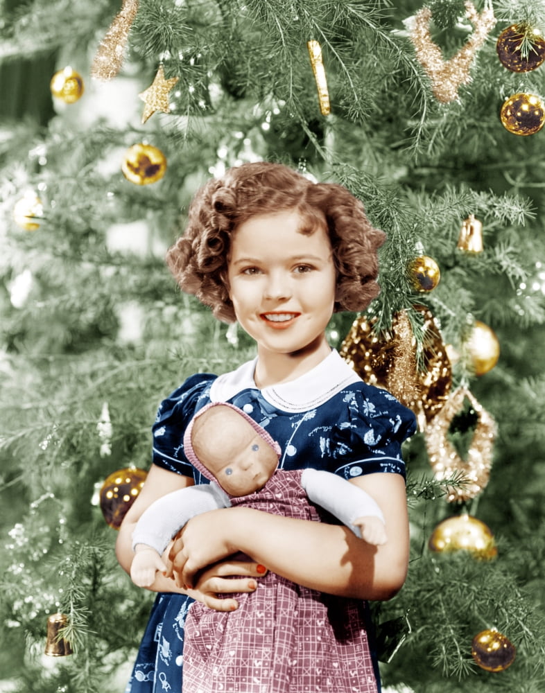 Shirley Temple Holding Doll By Christmas Tree Canvas Art - (16 x 20)