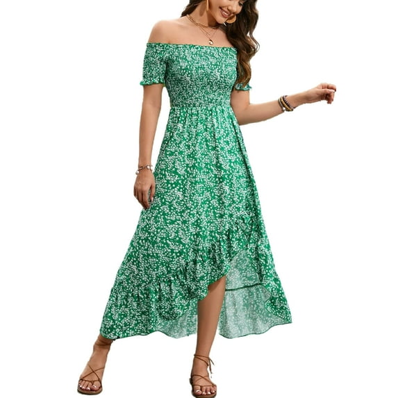 Shirred Blouse Off Shoulder Short Sleeves Ruffle Hem Maxi Dress