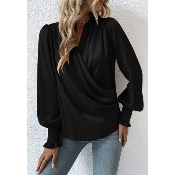 Shirred Cuff Long Sleeve Surplice Neck Classic Blouse for Women Black X-Large