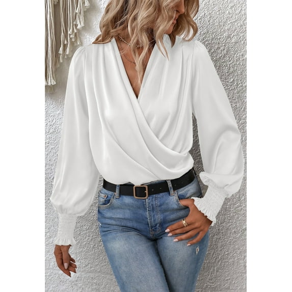 Shirred Cuff Long Sleeve Surplice Neck Classic Blouse for Women White Large