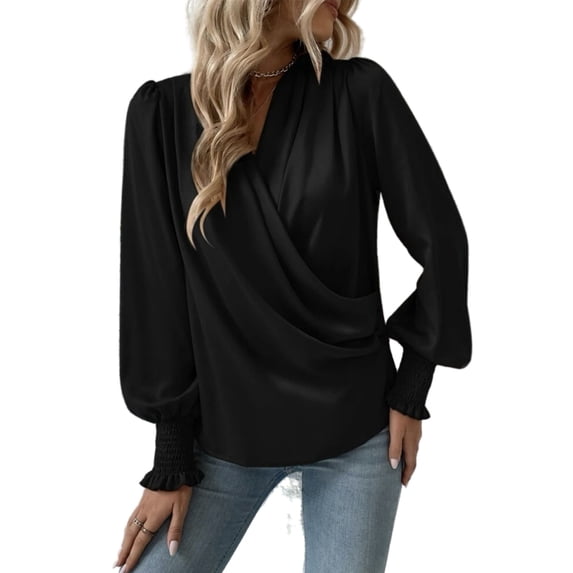 Shirred Cuff Long Sleeve Surplice Neck Faux Wrap Blouse for Women Black Large