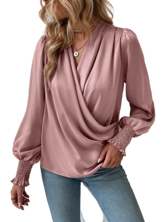 Shirred Cuff Long Sleeve Surplice Neck Faux Wrap Blouse for Women Pink Medium