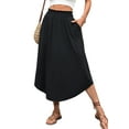 thumbnail image 1 of Shirred High Waist Curved Hem Midi Skirt for Women Mid-Calf Length Black X-Large, 1 of 5