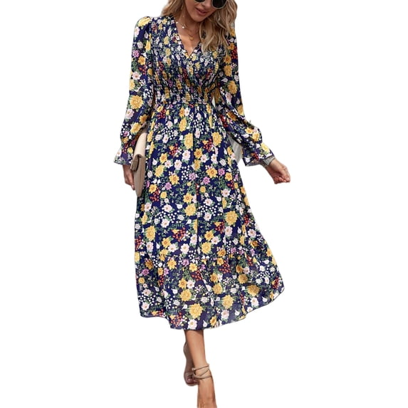 Shirred Surplice Neck Floral Dress for Women Mid-Calf Length Navy Small