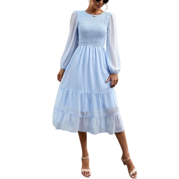 Shirred Swiss Dot Sheer Tiered Dress for Women Below Knee Length Blue Medium