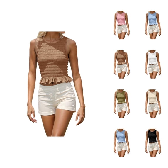 Shirred Tank Top for Women Crewneck Ruffle Hem Smocked Sleeveless Shirt Summer Outfits