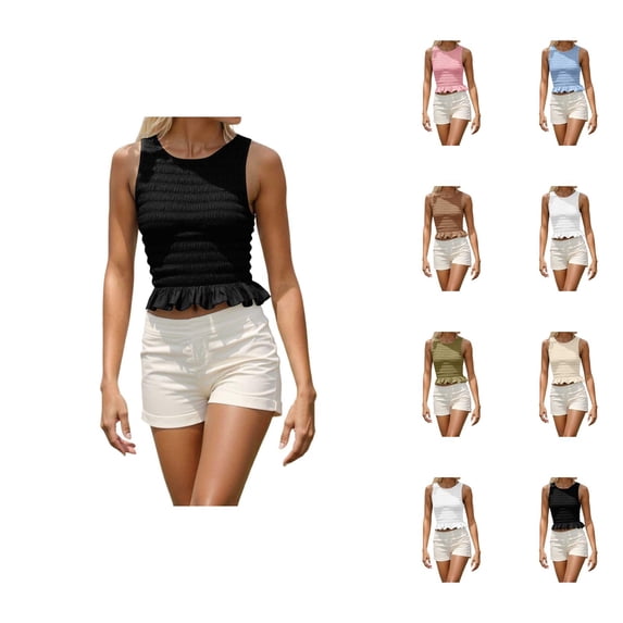 Shirred Tank Top for Women Crewneck Ruffle Hem Smocked Sleeveless Shirt Summer Outfits