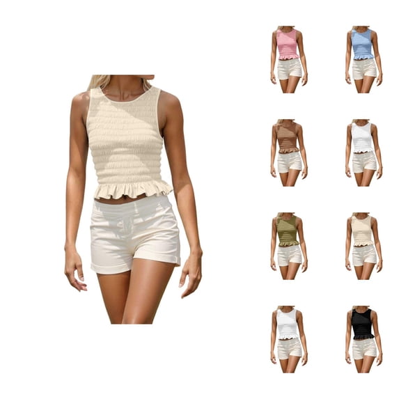 Shirred Tank Top for Women Crewneck Ruffle Hem Smocked Sleeveless Shirt Summer Outfits