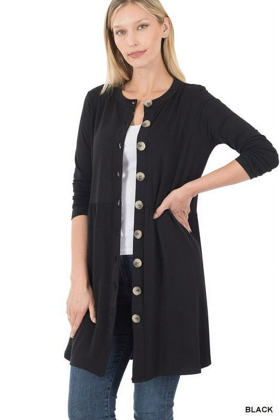 Shirred Waist Button Cardigan With Side Pockets