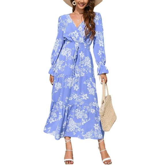 Shirred Waist Floral Print Dress for Women Above Ankle Length Blue Small
