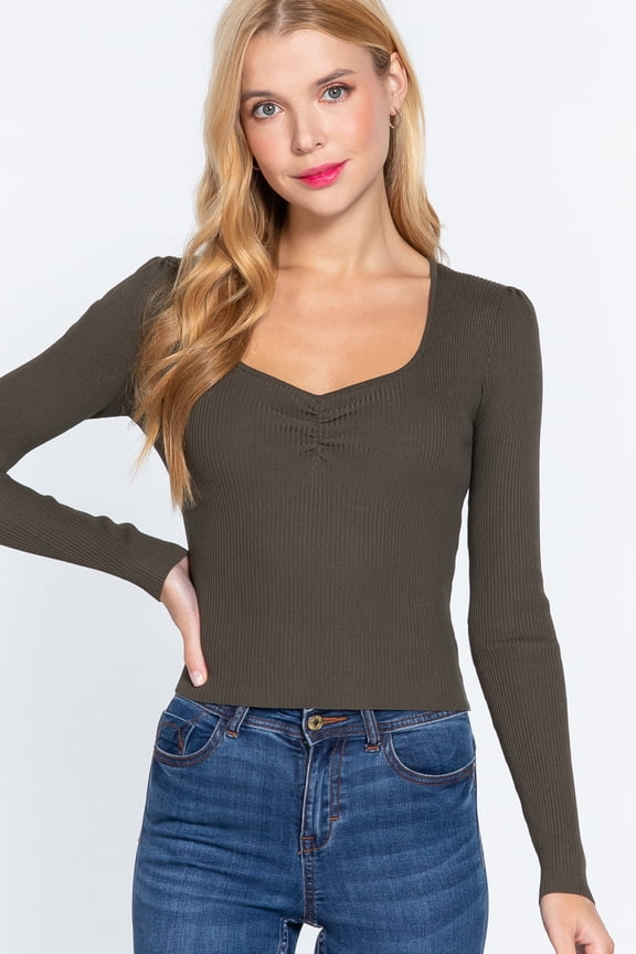 Shirring Sweatheart Neck Sweater Olive ' L