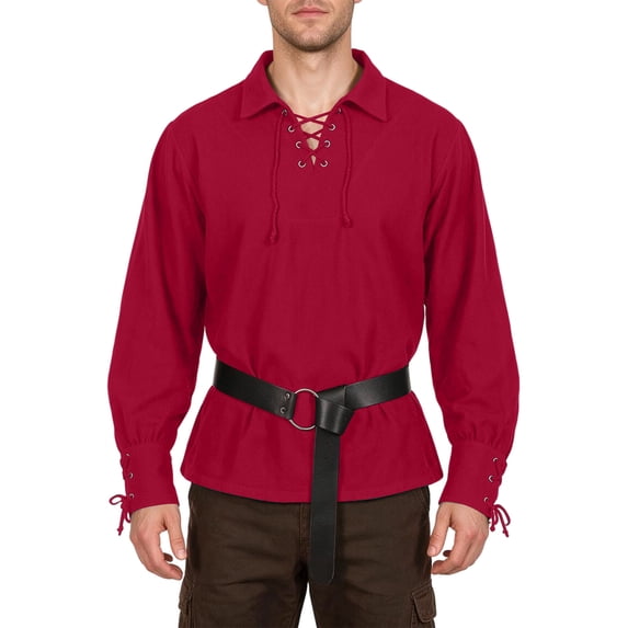 Shirt Belt Renaissance, Pirate Top Long, Sleeve Historical, Costume Viking, Medieval Lace Up Shirt With Belt Renaissance Pirate Top Long Sleeve Historical Costume for Costume Party, Red XXL