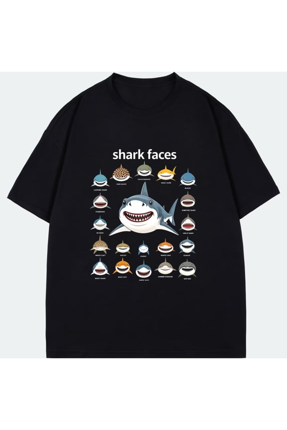 Shirt Black Shark Faces Cartoon Design For Casual Wear