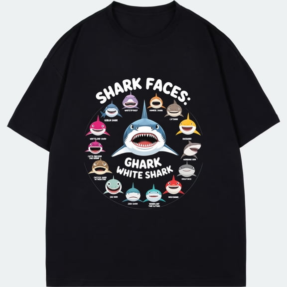 Shirt Black Shark Faces Ghark White Shark Cartoon Design For Casual Wear