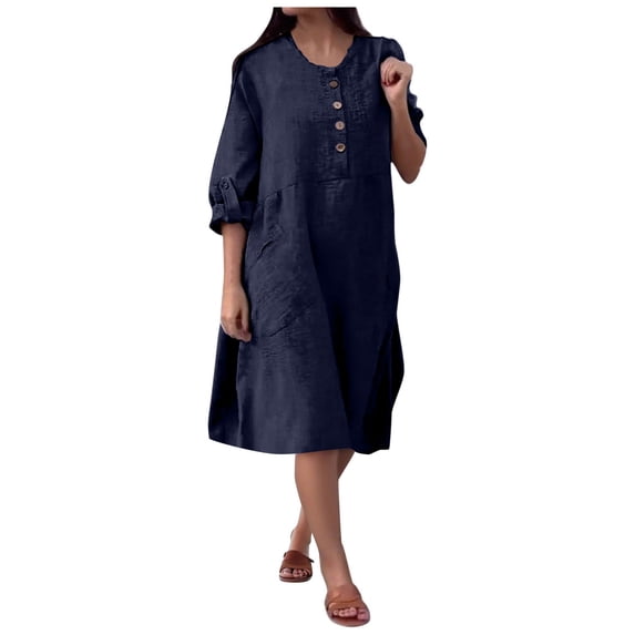Shirt Dress for Women Cotton Linen Dresses Button Pockets Long Sleeve Casual Solid Loose Dress