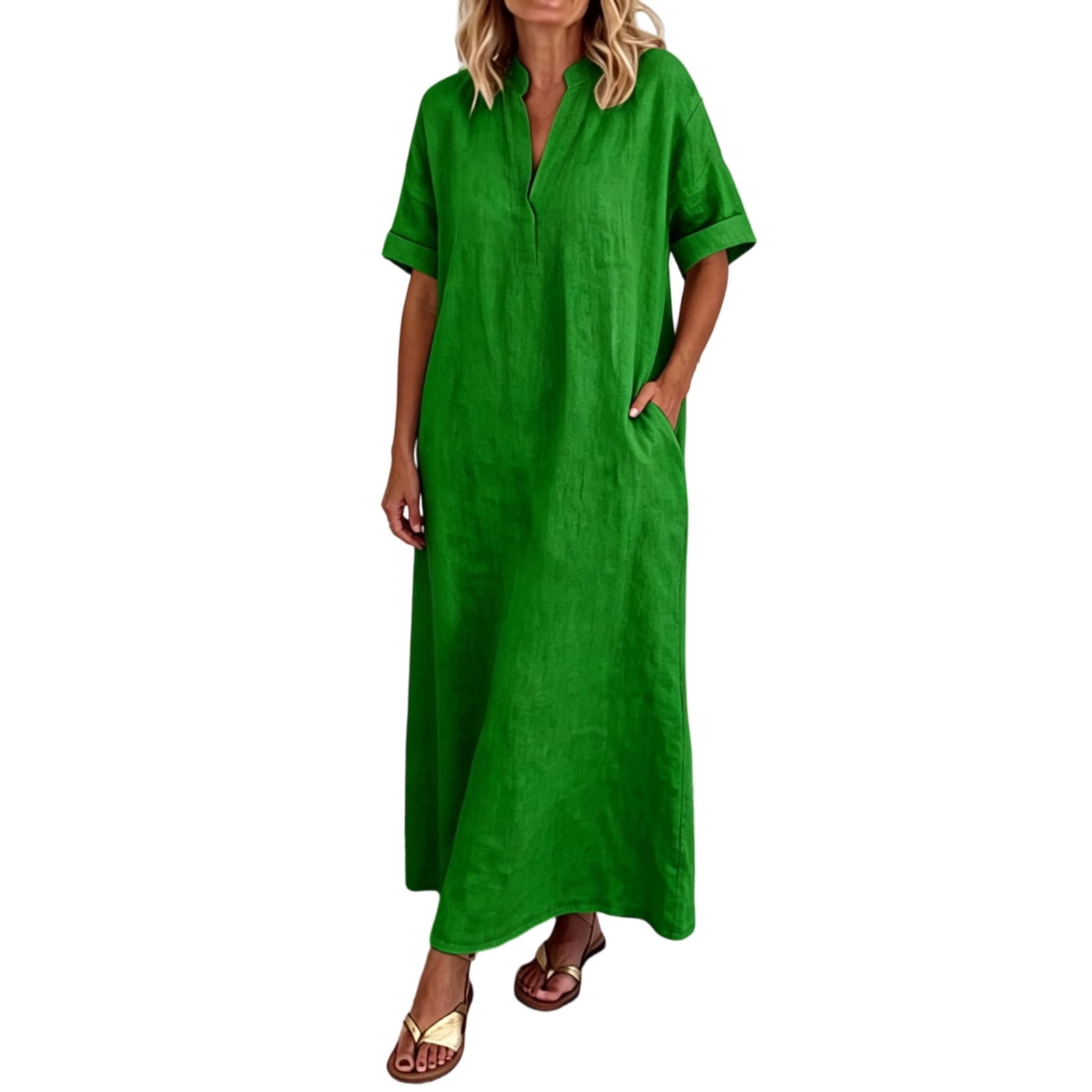 Shirt Dress for Women Cotton Linen Maxi Dress with Notched Collar Short ...