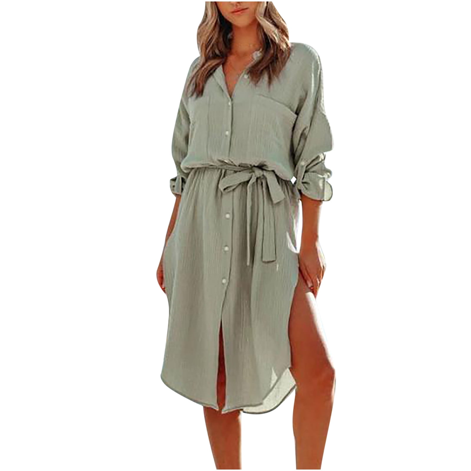 Green Bay Packers Women V-neck Shirt Dress Front Button Beach Dress with  Pockets