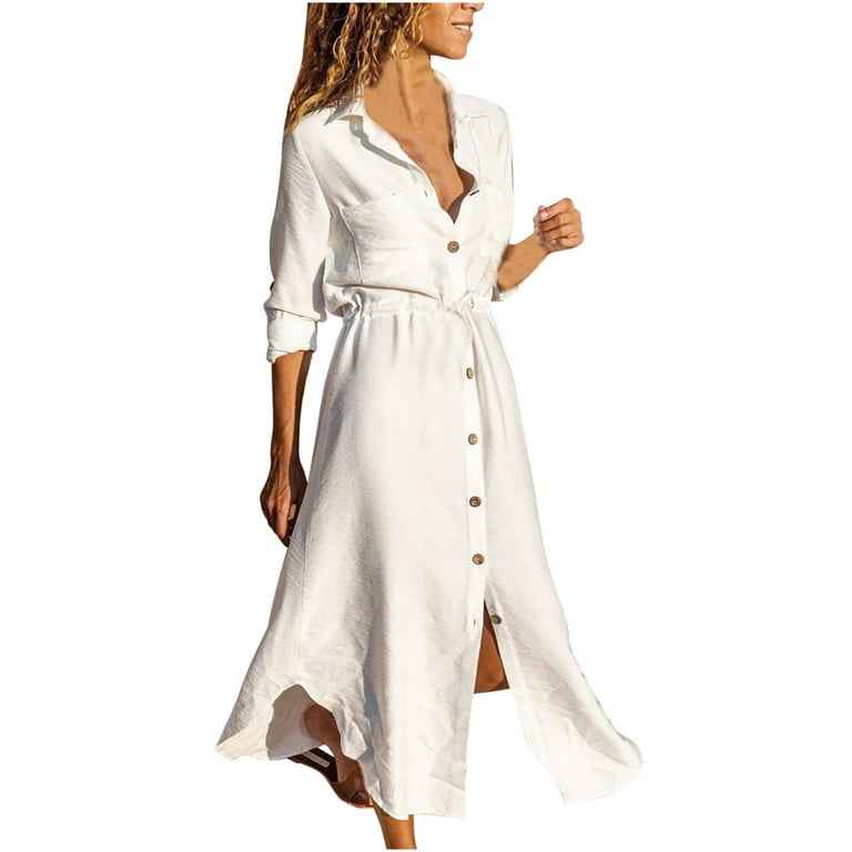 Shirt Dress for Women Lapel Solid Color Cotton Linen Long Sleeve Sundress  Button Down Drawstring Casual Flowy Midi Dress (Medium, White)