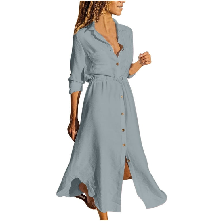 Shirt Dress for Women Lapel Solid Color Cotton Linen Long Sleeve Sundress  Button Down Drawstring Casual Flowy Midi Dress