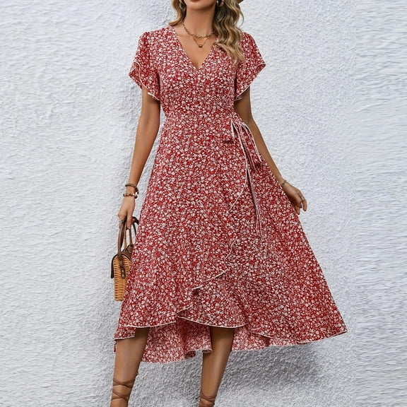 Shirt Dress for Women Women's V-Neck Waisted Floral Short Sleeve Dresses