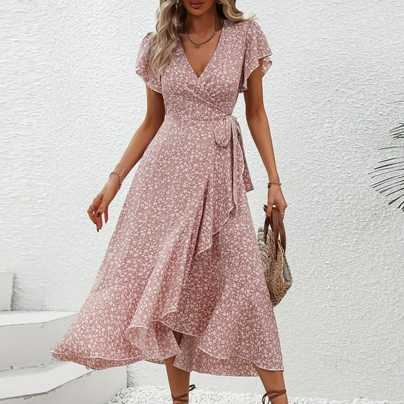 Shirt Dress for Women Women's V-Neck Waisted Floral Short Sleeve Dresses