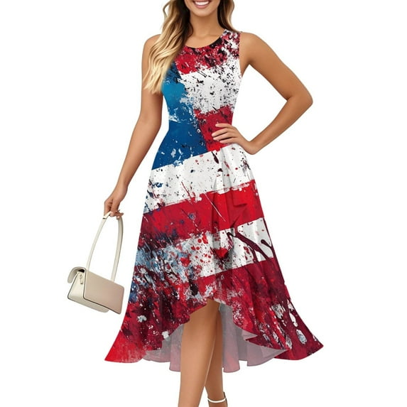 Shirt Dresses For Women 2025, 4Th Of July Dress Casual Cotton Sleeveless Round Neck American Flag Ruffle Flowy Long Tank Sleeve Dress Formal Womens Pants Party Dresses Midi (S, White) ZMTing