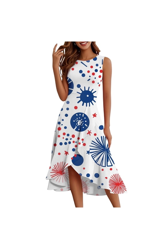 Shirt Dresses For Women 2025, 4Th Of July Dress Casual Cotton Sleeveless Round Neck American Flag Ruffle Flowy Long Tank Turtle Dress Butterfly Abaya Midi Dress Cocktail (S, Dark Blue) ZMTing
