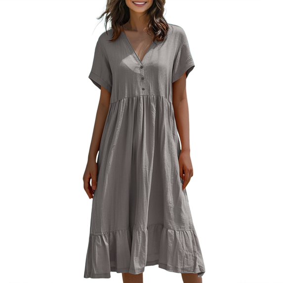 Shirt Dresses For Women 2025, Casual Beach Dresses Short Sleeve Cotton Linen Button Pleat Flowy Long Dress White Formal Winter Dresses Ropa Para Mujer Going Dresses (M, Gray) ZMTing
