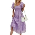 thumbnail image 1 of Shirt Dresses For Women 2025, Smocked Long Dress Puff Short Sleeved Checkered Sheer Lace A Line Flowy Maxi Dress Formal Trending 2025 Floral Dress Vacation Dresses Cocktail (XL, Light Purple) ZMTing, 1 of 5