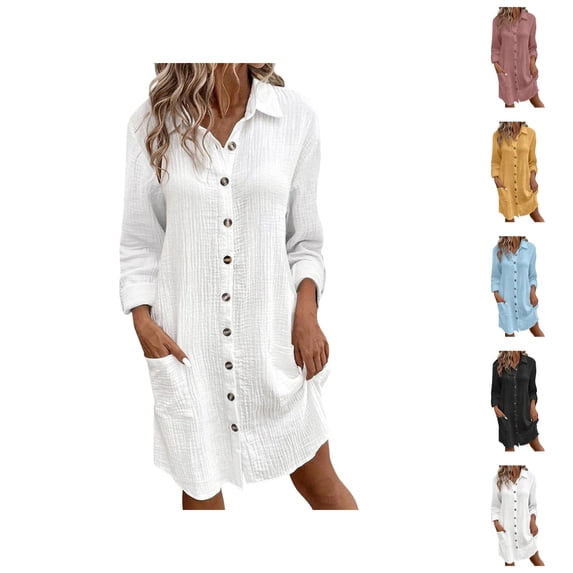 Shirt Dresses for Women Long Sleeve Button Down Collared Loose Fit Midi Dress Spring Work Dress with Pockets