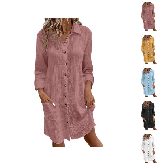 Shirt Dresses for Women Long Sleeve Button Down Collared Loose Fit Midi Dress Spring Work Dress with Pockets