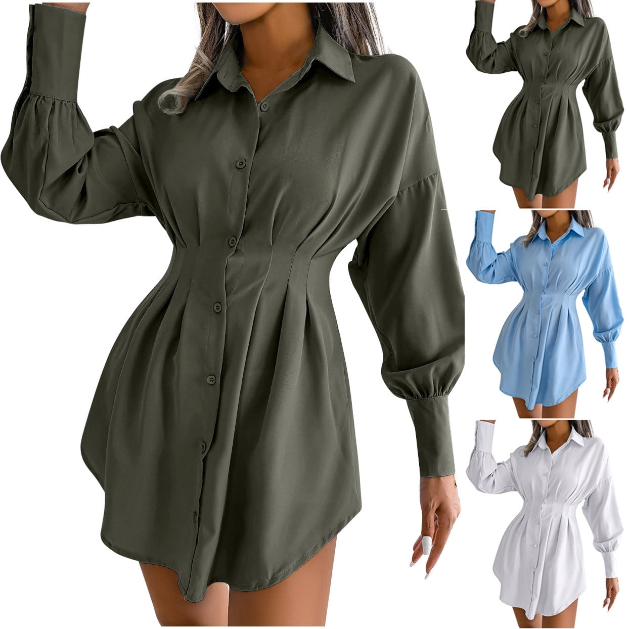 Shirt Dresses for Women UK Button Down Long Sleeve Dress Solid