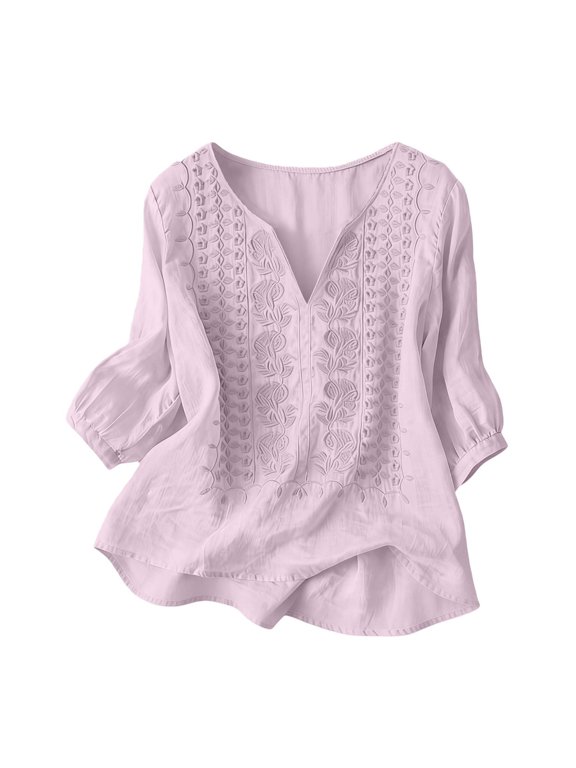 Shirt with Embroidered Sleeves and Chiffon Collar Elegant Casual Blouse for Summer Womens Long Button up Shirts Quarter Length Sleeve Shirts Womens Button down Shirt with Pocket Women V Neck