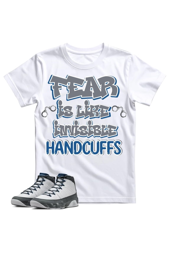 Shirt to Match 9 Flint Grey/French Blue, Fear Sneaker Match Graphic Tee, Best Gift, Mens Clothing, Unisex Tops (US, Alpha, Medium, Regular, Regular, White)