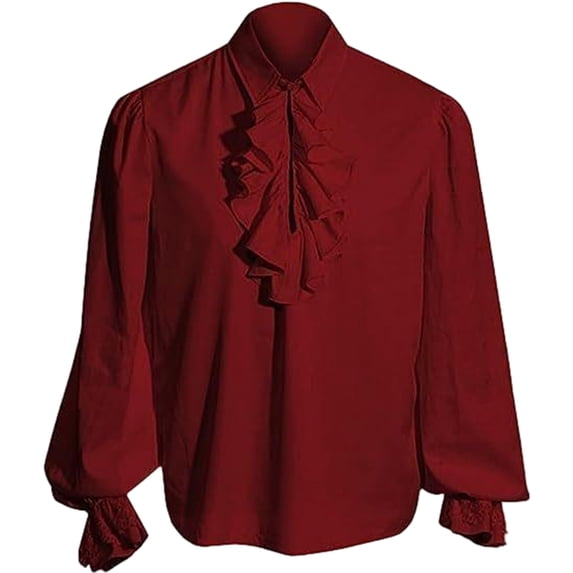 Shirt Medieval Pirate, Poet Blouse Long, Sleeve Historical Top, Renaissance Shirt, Gothic Victorian Ruffle Shirt Medieval Pirate Poet Blouse Long Sleeve Historical Top for Costume Party, Red XXL