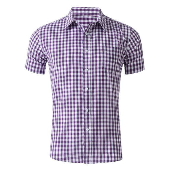 Shirt Men Male Beach Seaside Classic Short Sleeved Shirts Cotton Plaid Short Sleeved Mens Shirts Purple S