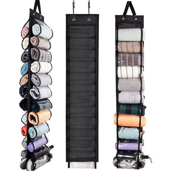 Shirt Organizer Leggings Storage Bag with 24 Compartments, Tshirts Storage Organizer Over The Door, Space Saver Hanging Organizer Storage for T-Shirts (Black - 2 pcs)