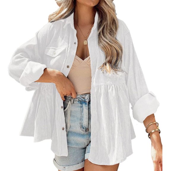 Shirt Ruffle Hem Long Sleeves Solid Color Button Up Lapel Collar Women Maternity Top White S