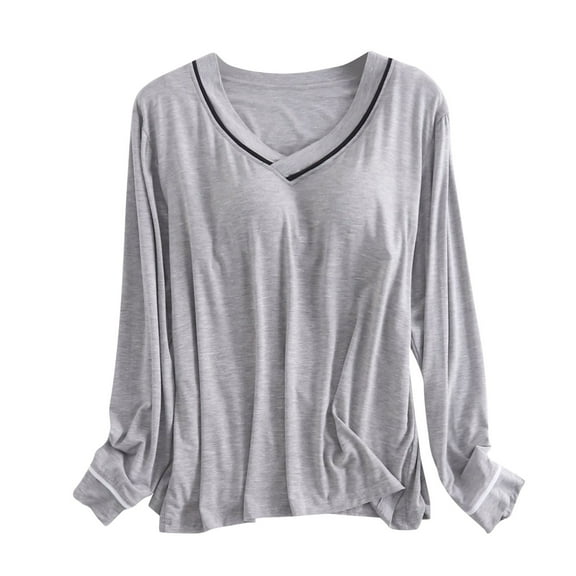 Shirt With Built In Bra Plus Size Fall Long Sleeve V Neck T Shirts Slim Fit Workout Casual Basic Fall Tops Outfits 2025 Gray XL