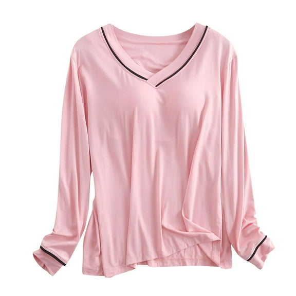 Shirt With Built In Bra Plus Size Fall Long Sleeve V Neck T Shirts Slim Fit Workout Casual Basic Fall Tops Outfits 2025 Pink M